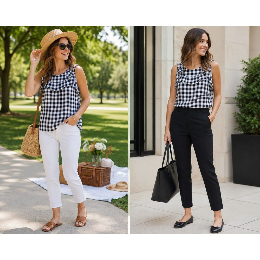 LOFT Outlet XS Black White Checkered Ruffle Sleeveless Gingham Blouse